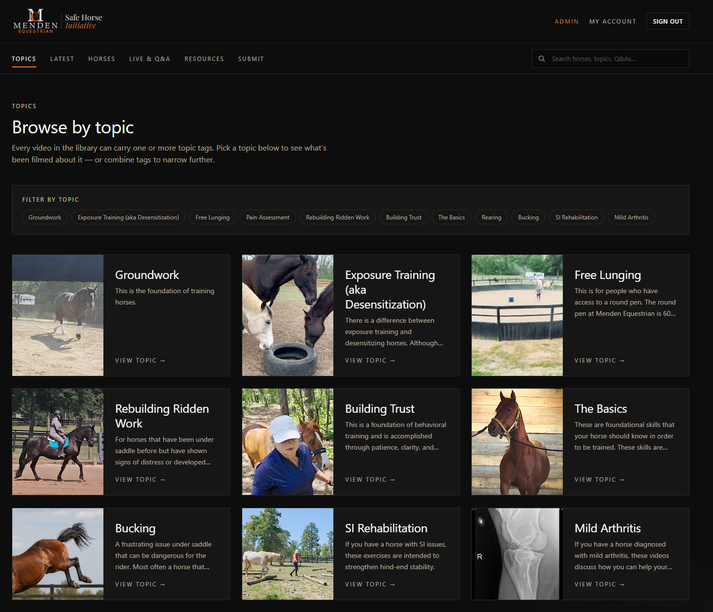 The Safe Horse Initiative member library, with videos organized by horse, topic, and phase.